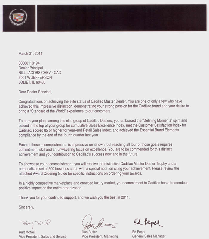 Cadillac Master Dealer Letter